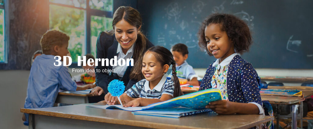 image of children in a classroom with a 3D printed item. Marketing, logo design, branding